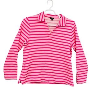 Talbots Pink Hot Pink Stripe Long Sleeve Polo Shirt Top Womens Large